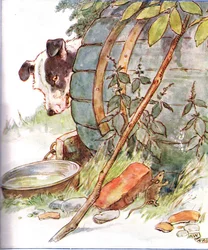 "Um dia eu arranhei o lado do velho canil de Nipper", ilustração de "O livro malicioso de Mousie", publicado por Thomas Nelson und Sons, década de 1920